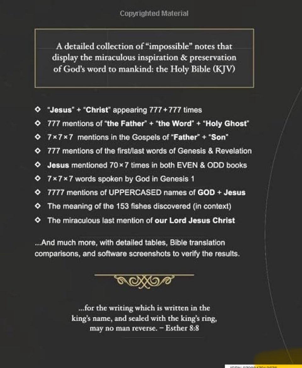<a href="/justicecometh/">⚔️⚖️The Justice Cometh⚖️⚔️</a> <a href="/TaylorTracie76/">⚔️Tracie Taylor⚔️</a> Brandon Peterson has many videos on You Tube showing the mathematical patterns that is in the KJV Bible. Totally amazing.  After listening to many of his videos I was so floored by what he discovered. I felt only God could have put it all together. I'm a KJV girl. But what is