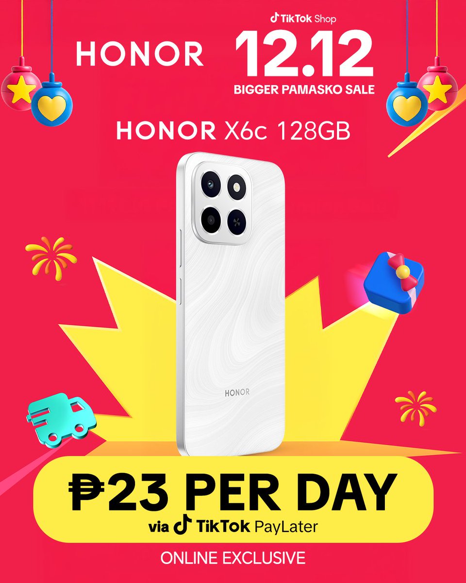 HONORPHL's tweet image. ₱𝟐𝟑/𝐝𝐚𝐲 for the 𝐇𝐎𝐍𝐎𝐑 𝐗𝟔𝐜?! Yes please. Don’t miss this 12.12 TikTok exclusive! 📱 

Make sure to check out today!
🛒 TIKTOK: bit.ly/HONORxTiktok12…

#HONOR1212AllOutMegaPamaskoSale #1212AllOutMegaPamaskoSale 
#TikTokPH #HONORX6c #HONORPH