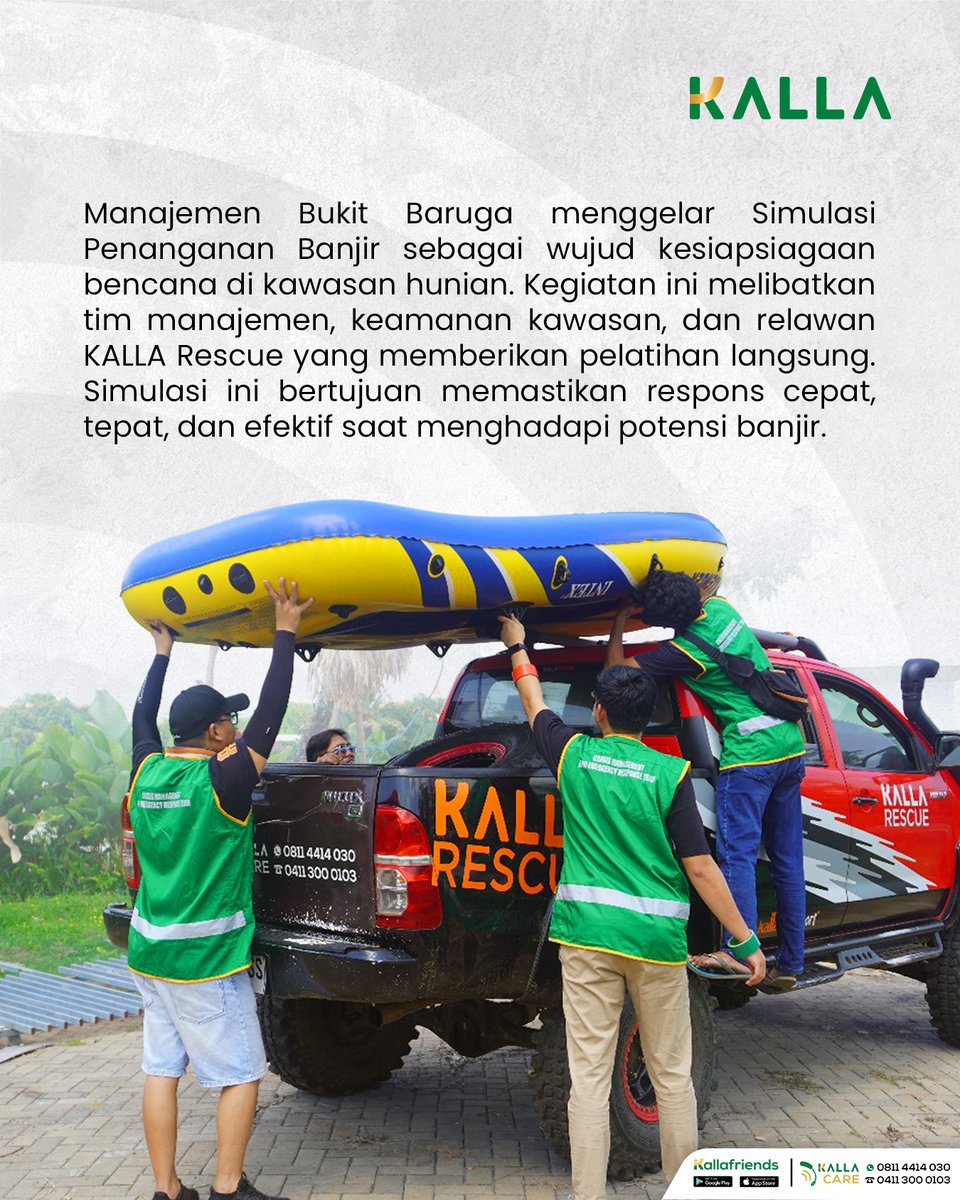 KallaGroup_ID's tweet photo. Bukit Baruga bersama KALLA #Rescue terus meningkatkan kesiapsiagaan untuk memastikan keamanan kawasan hunian. Melalui latihan penanganan #banjir, seluruh tim dibekali keterampilan respons cepat agar siap menghadapi situasi darurat kapan pun dibutuhkan. 🌧️🚨

#KallaforLife #KALLA https://t.co/FUGQnmHzKf