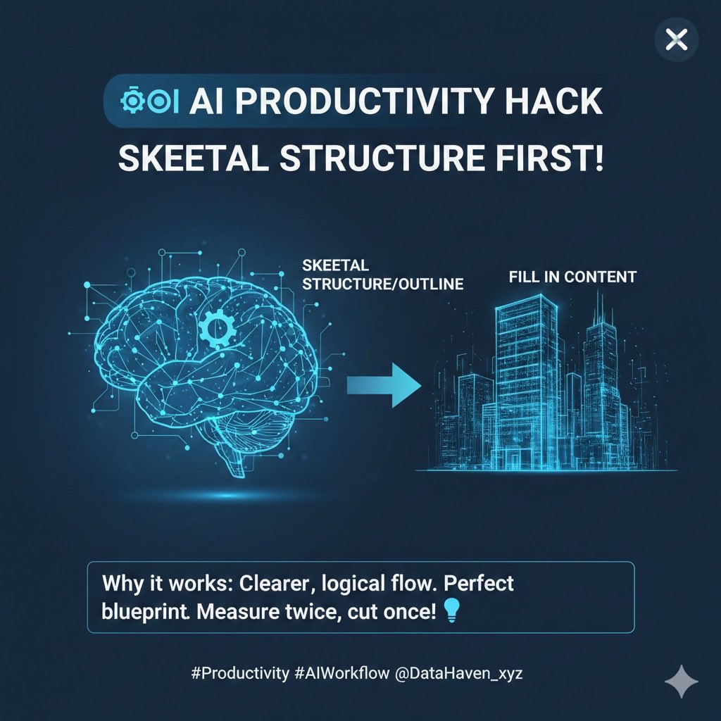 pearl40814's tweet image. When generating complex output (like code, detailed summaries, or multi-step plans), I start by asking for the Skeletal Structure/Outline ONLY.
Why it works for me:
This forces a clearer, more logical flow. Instead of rambling response
#Productivity #AIWorkflow @DataHaven_xyz
