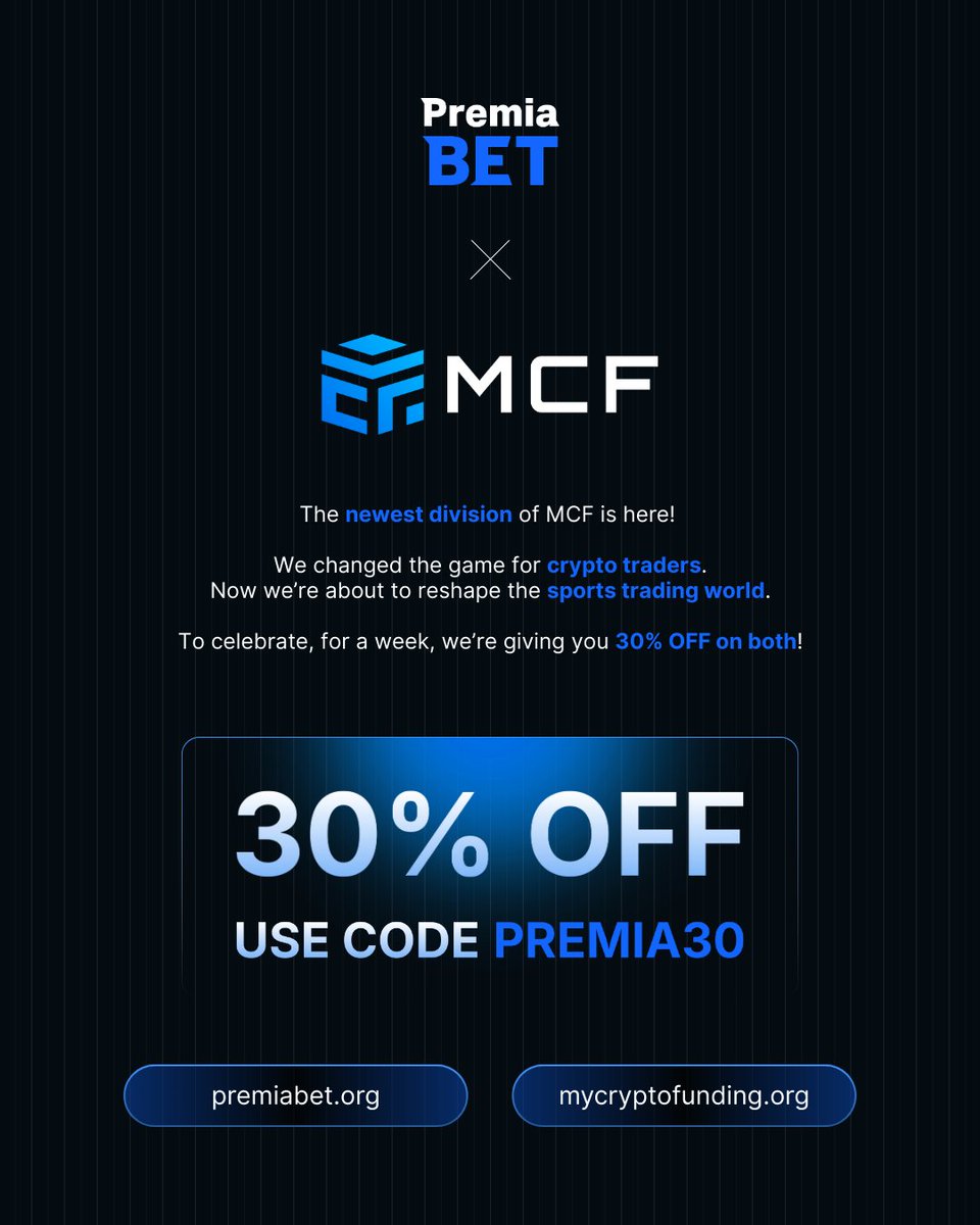 The newest division of MCF is here: Premia Bet — created for elite sports trader. 🎯

🔥 Celebrate the launch with 30% OFF all challenges on both MCF and PremiaBet using code PREMIA30. ⚡