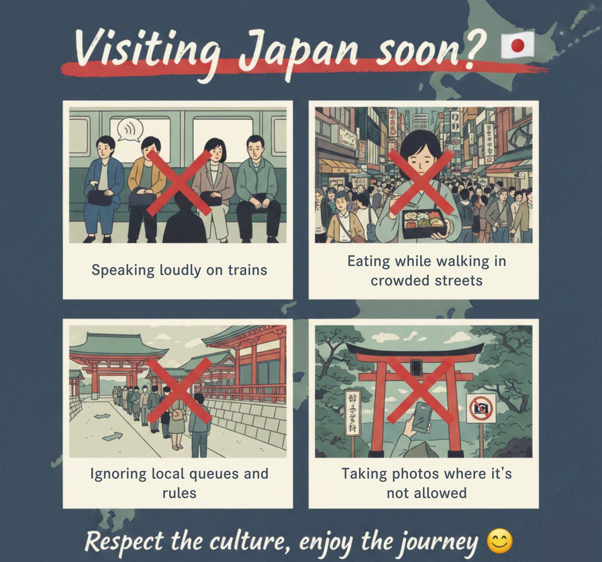 FtripJapanTour's tweet photo. Visiting Japan soon?
Here are a few things not to do:
📷 Speaking loudly on trains
📷 Eating while walking in crowded streets
📷 Ignoring local queues and rules
📷 Taking photos where it’s not allowed
Respect the culture, enjoy the journey 📷
#TravelJapan #JapanEtiquette https://t.co/kcReYDQG0s