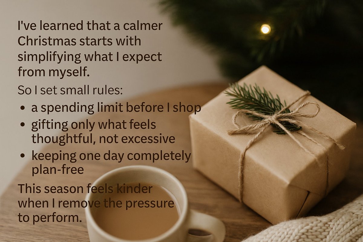 HerSoftStyle's tweet photo. I’ve learned a calmer Christmas starts with expecting less from myself.
So I set little rules:
• a spending limit before I shop
• gifting what feels thoughtful, not excessive
• keeping one day completely plan-free
This season feels kinder when I remove the pressure to perform. https://t.co/fBUbeGvb3F