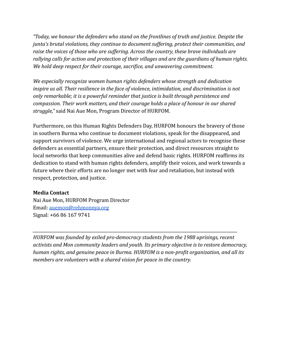 📌Statement by the Human Rights Foundation of Monland (HURFOM) on International Human Rights Defenders Day:

“Today, we honour the defenders who stand on the frontlines of truth and justice," said HURFOM Program Director, Nai Aue Mon.

🔗Read in full: url-shortener.me/2IBG