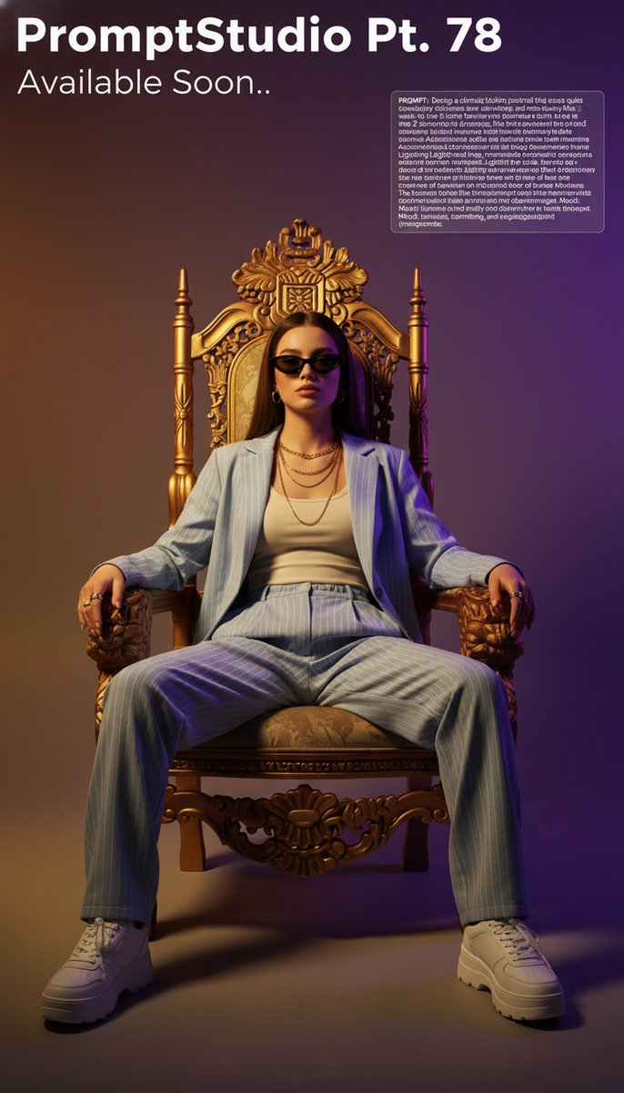 Prompt1Studio's tweet photo. Prompt: Design a cinematic fashion portrait that oozes quiet dominance and retro-luxury flair. The subject is seated regally on a baroque-style throne chair, legs wide, posture unbothered a vision of Gen Z aristocracy....
#SmartEditorFilters,#InnovativePhotoTools,#EditingPrompt https://t.co/ouuzryNn3Y