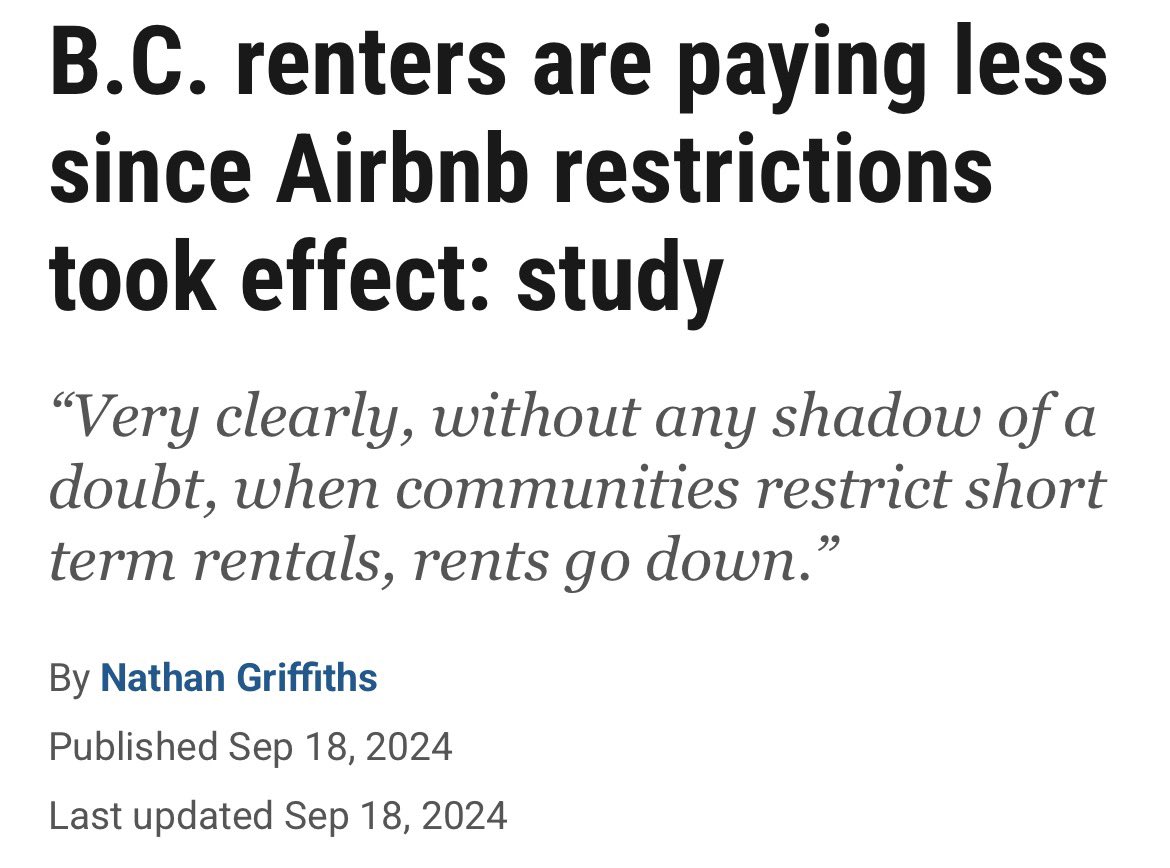 <a href="/JayCarney/">Jay Carney</a> <a href="/EricHolder/">Eric Holder</a> B.C. renters are paying less since Airbnb restrictions took effect: study

“Very clearly, without any shadow of a doubt, when communities restrict short term rentals, rents go down.”

(70% of New York City residents are renters!)
vancouversun.com/business/real-…