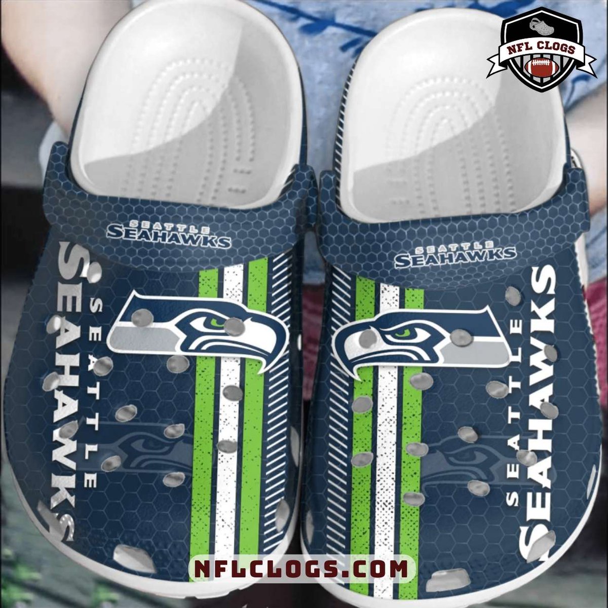 nflclogs's tweet photo. Seattle Seahawks Navy &amp; Green Stripe Clogs 💙💚

Honeycomb navy base with bold green and white racing stripes, vertical “Seattle Seahawks” accents and a fierce logo on each foot, all on a light.
Slide into yours: https://t.co/k3fVhNc3cs
#NFLclogs #Seahawks #12s #GameDayStyle https://t.co/PkLyrTeRIk