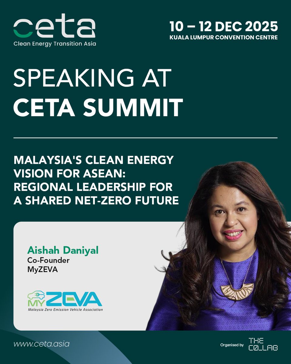 Hear from MyZEVA's own Co-Founder, Aishah Daniyal, tomorrow at the CETA Summit, KLCC!

She's discussing Malaysia’s critical role in driving a Net-Zero Future across ASEAN. Find us there Dec 10-12!

#DriveTheFuture #MyZEVA #CETA2025 #KualaLumpur #EV