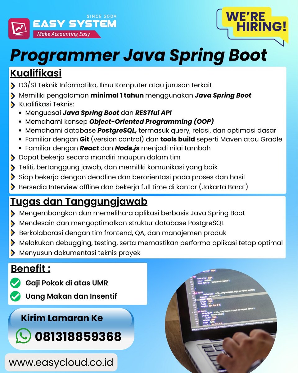 grafisity's tweet photo. #LOKER Programmer Java Spring Boot
📍 Jakarta Barat
🏢 Fulltime, WFO

Kirim Lamaran Ke
0813 1885 9368

#lokercot #lokerIT #lokerprogramer #Programmer #Java #JavaSpringBoot #lokerjakarta #jakarta https://t.co/x07SwbCIw3