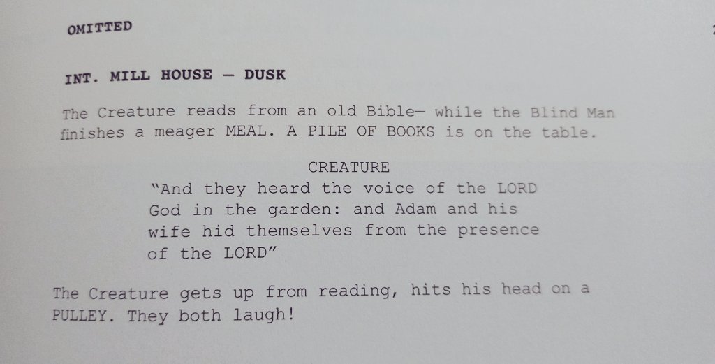 "The Creature gets up from reading, hits his head on a pulley. They both laugh!" 🥹