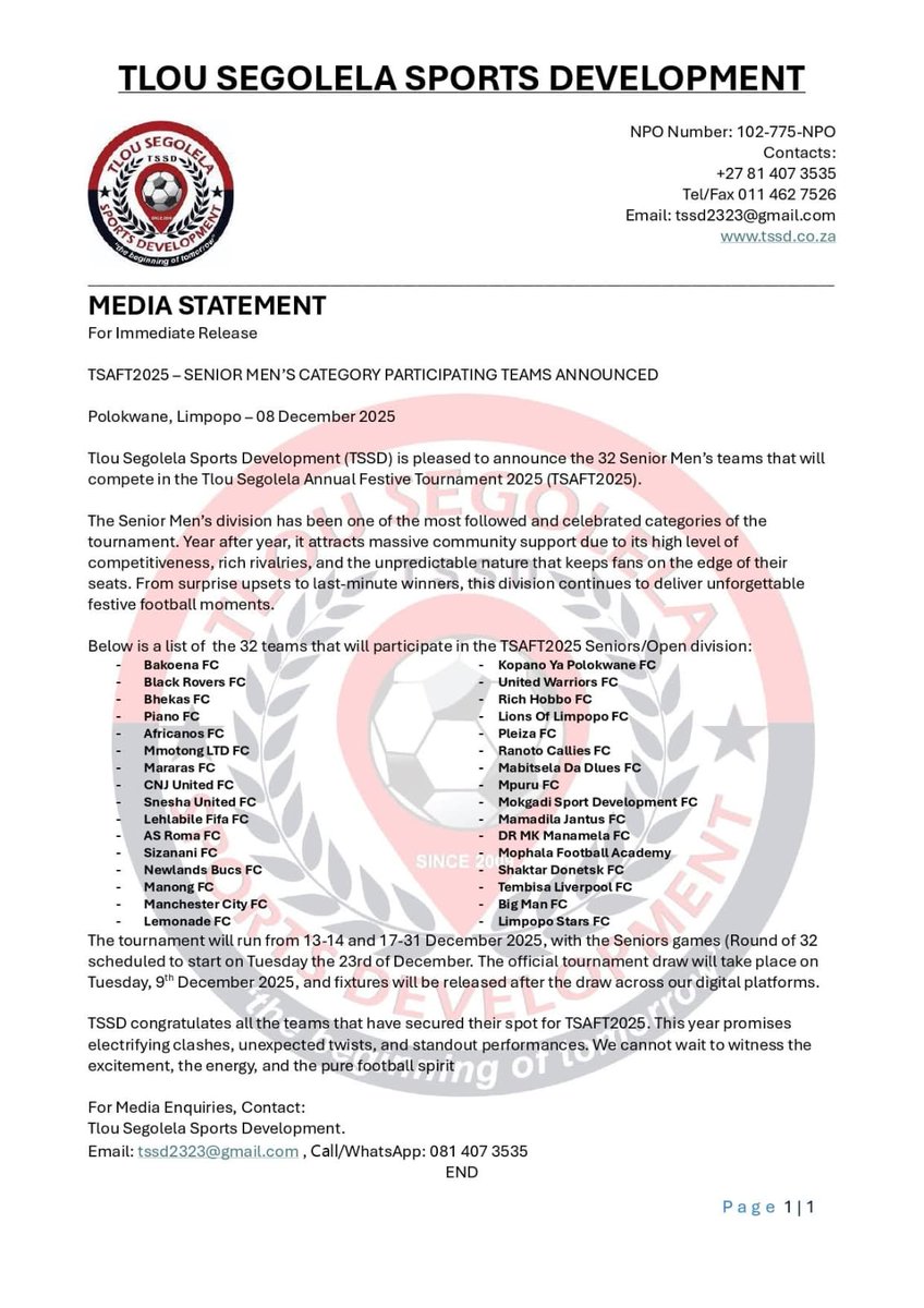 TeamTSSD's tweet image. #TSAFT2025

We are happy to announce the 32 teams that will be participating in the seniors division of the Tlou Segolela Annual Festive Tournament.

Launch and Draw to be conducted today live on our YouTube channel: TSSD TV