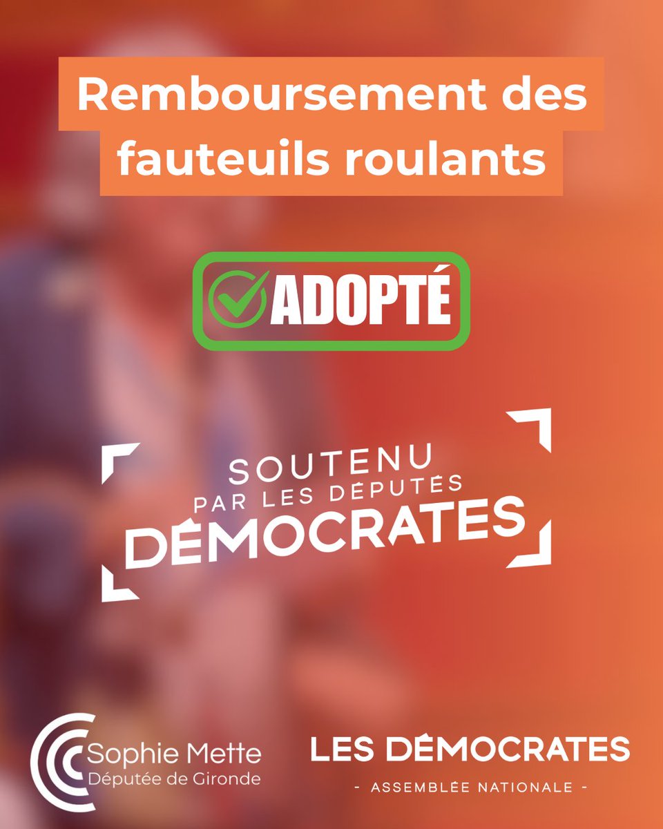 🦽L'Assemblée nationale a adopté le remboursement des fauteuils roulants ! C'est un combat que le MoDem a longtemps soutenu, une belle victoire donc !