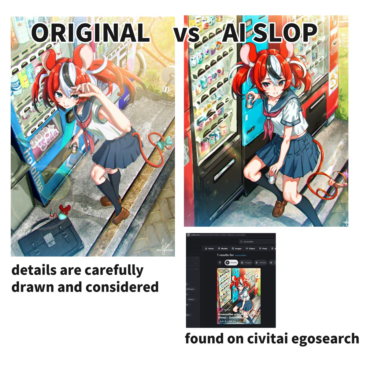 I find it absolutely hilarious someone tried to use my work to train AI, only for it to shit the bed. I spend hours and hours of my life working in details to be as good as it can be. Even this older work reflects that. Ain't no way your denoising machine can account for it all