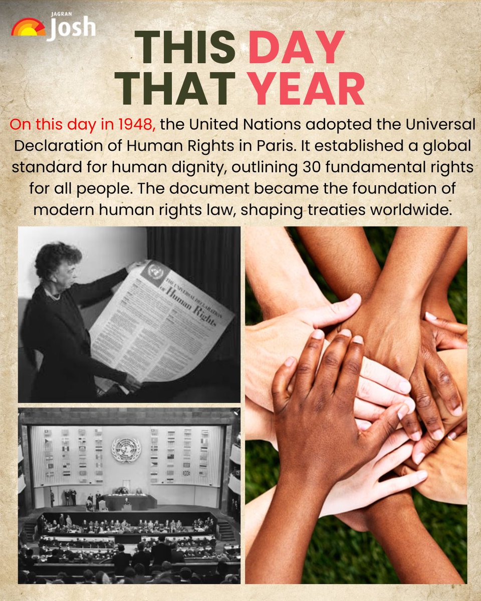 Jagranjosh's tweet image. On this day in 1948, the United Nations adopted the Universal Declaration of Human Rights in Paris. It set a global standard for protecting fundamental freedoms and became the foundation of modern human rights law.

#UniversalDeclarationOfHumanRights #UDHR #HumanRightsDay
