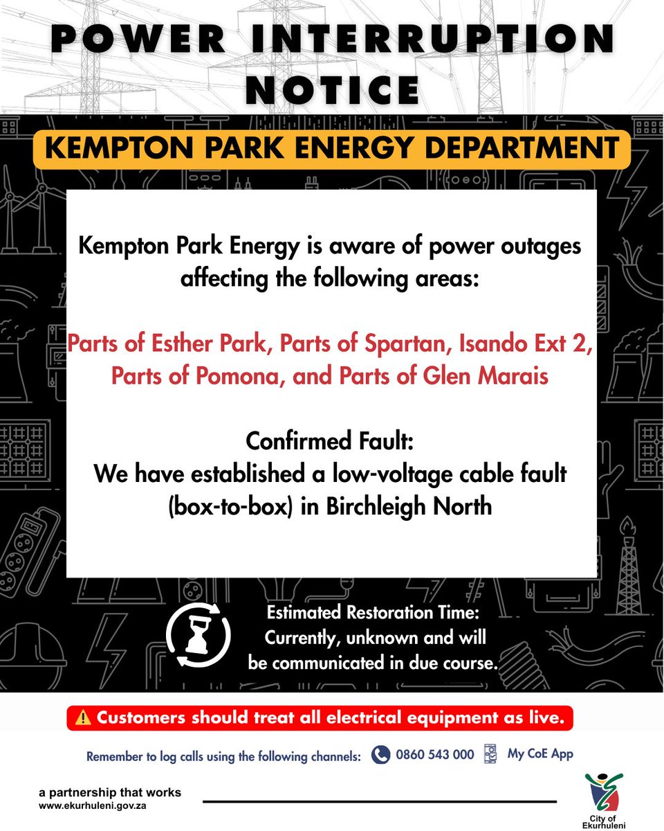 Sanibonani bahlali base Kempton Park. Please take note of the following planned power interruption for the areas listed below.