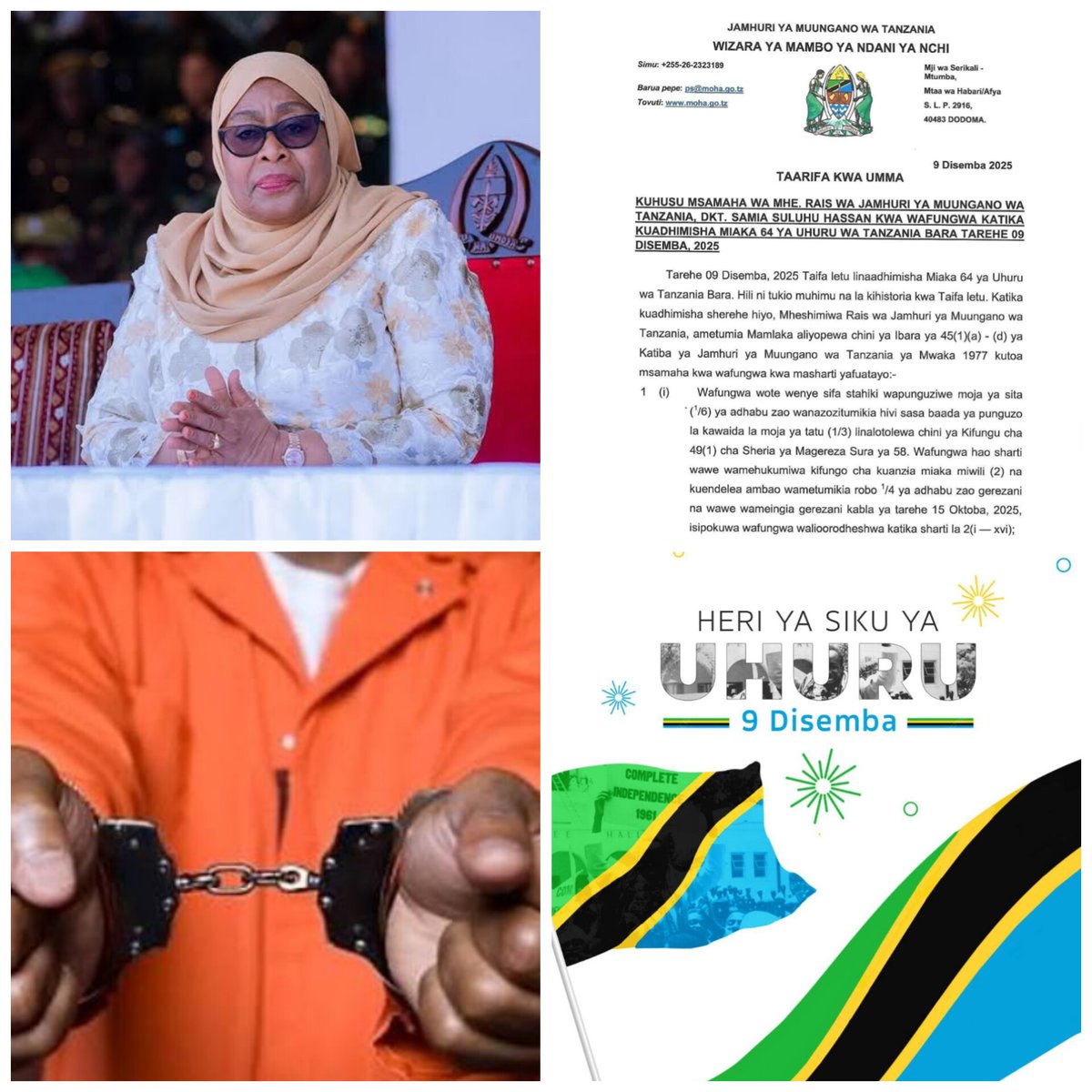 RAIS SAMIA AWASAMEHE WAFUNGWA  1,036.
 Msamaha huu wa Disemba 9 unaendelea kuwa utamaduni wa kila mwaka. Wafungwa 22 waachiwa huru, 1,014 wapunguziwa adhabu. Serikali yatoa wito wajikite kwenye maisha mapya na kuchangia maendeleo.