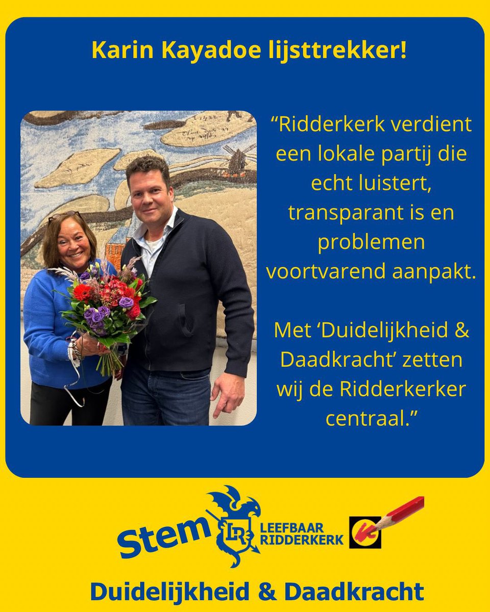 Leefbaarrkerk's tweet photo. Karin Kayadoe is unaniem gekozen als onze lijsttrekker voor de gemeenteraadsverkiezingen van maart 2026!

We zitten vol in op ons motto “Duidelijkheid &amp; Daadkracht”. We gaan voor veilige wijken, meer betaalbare woningen en een no-nonsense lokale overheid die keuzes durft te maken https://t.co/neOcBobzMu
