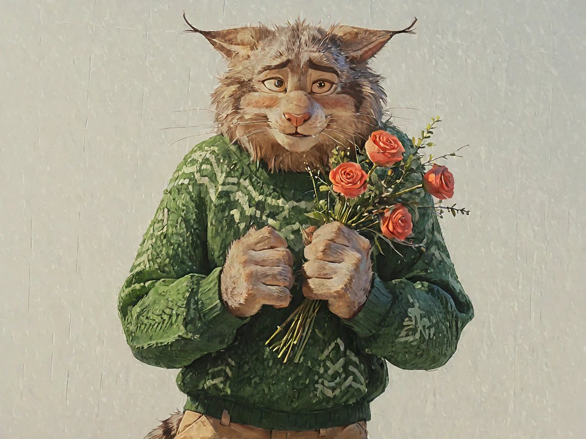 SkeaWolf's tweet image. #Pawbert #PawbertLynxley #Zootopia2 #AIart Love stirs the lynx,it bears a bouquet of roses.🌹