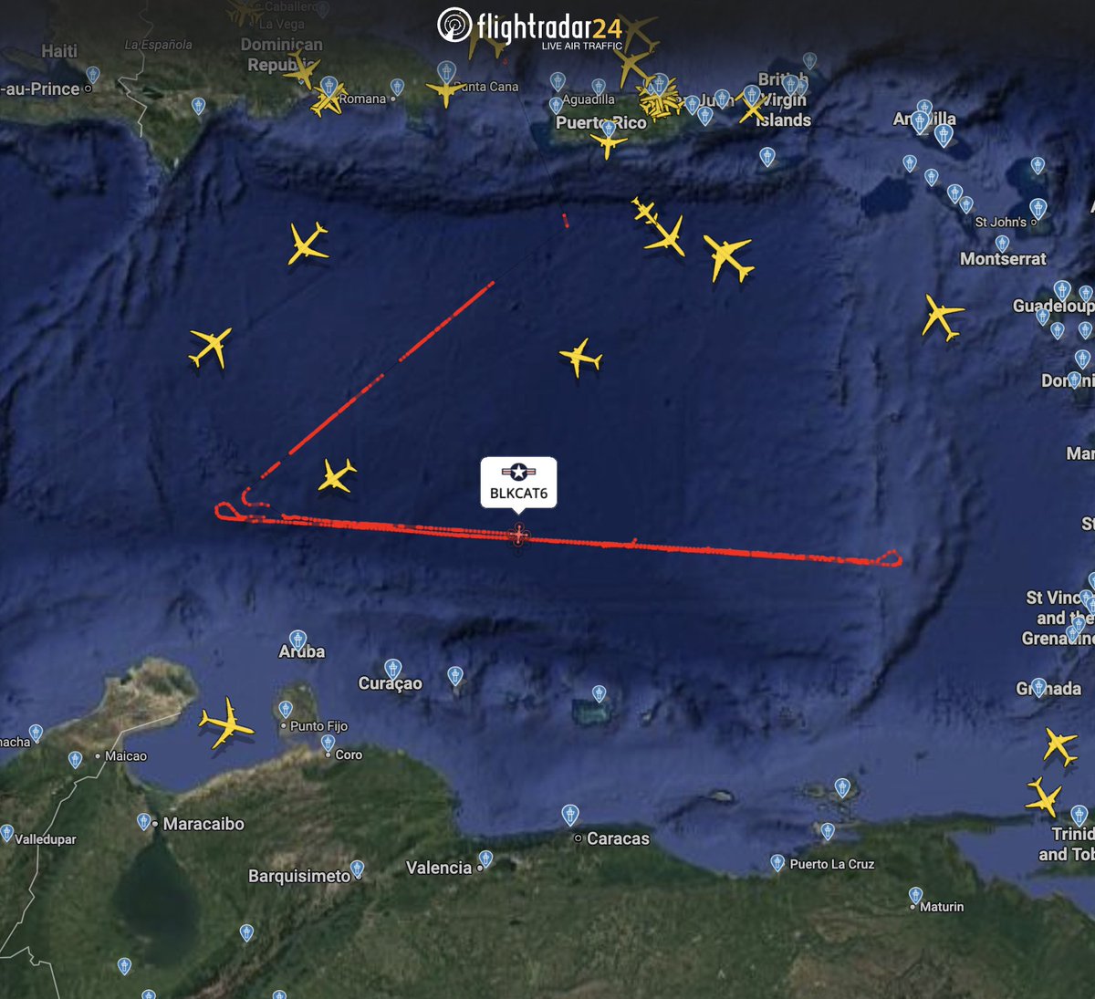 The most-tracked aircraft on Flightradar24 right now is this unmanned MQ-4C Triton drone, traversing the airspace off the Venezuelan coastline.

Track here: flightradar24.com/BLKCAT6/3d6d7a…