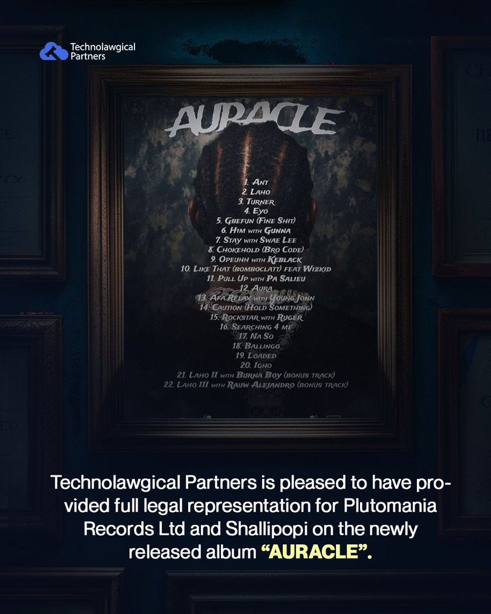 AURACLE is here and we are pleased to have provided full legal representation across all tracks on behalf of our Client <a href="/plutomaniapopi/">Shallipopi</a> , <a href="/plutorecords_/">Plutomania Records</a>
Our team put in a great deal of work in facilitating clearance, liaising with producers and side artists for all thetrack