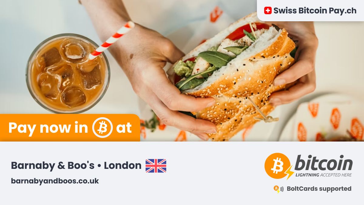 🚀 Amazing new merchant accepting Bitcoin 🚀

<a href="/BarnabyBoos/">Barnaby&Boos</a> 🇬🇧 is now accepting #Bitcoin payments ⚡ through <a href="/SwissBitcoinPay/">🇨🇭 Swiss Bitcoin Pay</a>

The neighbourhood spot. In your neighbourhood 😋

📍 London, UK
💳 BoltCards supported
🔒 This merchant has 100% control on their Bitcoin
