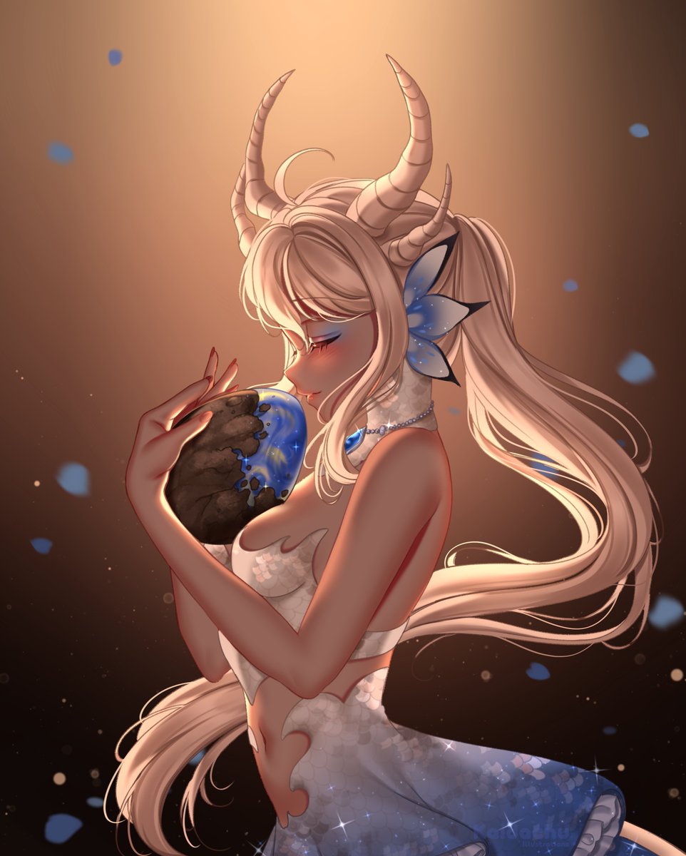 There's also my dragon girl. Not my oldest character by age, but she's close.
<a href="/Kaidachu/">kaidachu</a> was really on a roll this year almost taking the top spot as most commissioned. This time with "Embrace"
And <a href="/MickuV/">MickuV (left to see the 💙☁️🦋)</a> Made this beautiful picture of my little dragon to match her husband Talpa