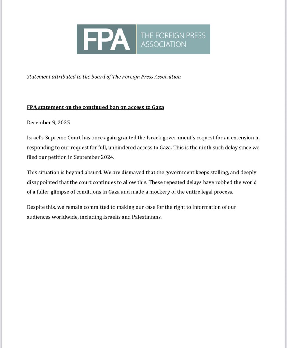 FPA Statement on the continued ban on access to Gaza for foreign journalists