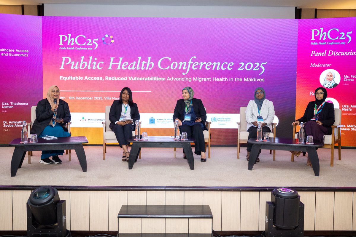 HPA_MV's tweet photo. Highlight of day2 #PHC25- Panel discussion on barriers to accessing health services, moderated by @Fathimathzimna from @MNUedu.

Panel members from @MoHmv, @igmhmv, @CRCMaldives, @maldivianrc reflected on legal, social and economic barriers faced by migrants, and discussed concrete ways to make health services accessible for all.

#PHC25 #MigrantHealth
#MigrantHealthMatters