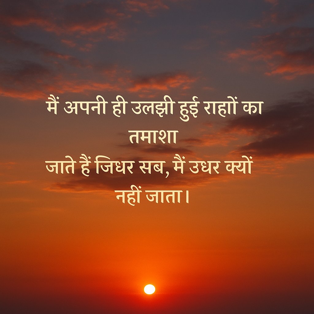 मैं अपनी ही उलझी हुई राहों का तमाशा हूँ,
जाते हैं जिधर सब—मैं उधर नहीं जाता।
क्योंकि मेरी मंज़िल मेरी है, भीड़ की नहीं।
#SunsetVibes #HindiQuote #LifeThoughts #Motivation #EveningSky