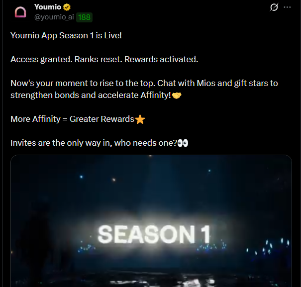 0xcbharat's tweet photo. I recently received early access to Season 1 of @youmio_ai   

 Simply converse with AI, send stars and increase affinity to receive a free airdrop and SEED points.    

 10 Invite links that can only be used once so act quickly👇 
 
https://t.co/90pTRXPWlV
https://t.co/dOkYgXamHz
https://t.co/Y91On6AYmQ
https://t.co/61p3fkoDKG
https://t.co/PtlDGJeEcs
https://t.co/9WiI7vu62p
https://t.co/HdhBUJcQkP
https://t.co/lGR9Xmol73
https://t.co/YMw5vW7yFN
https://t.co/XZmVFJyaM3

 Come quickly before it's too late🚀