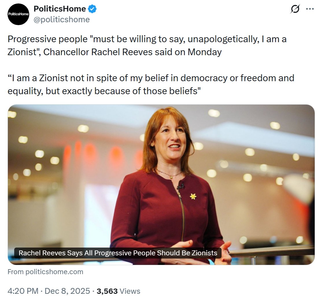 SaulStaniforth's tweet image. Rachel Reeves: "I am a zionist..."

In 1975 the UN general assembly passed a resolution declaring that "zionism is a form of racism and racial discrimination". The resolution was revoked in 1991 because Israel made this a condition of its participation in peace talks