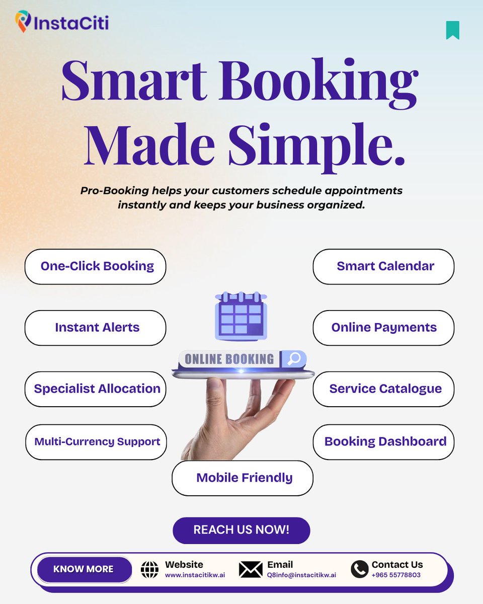 Instacitikuwait's tweet photo. Smarter bookings, happier customers 📅✨
Pro-Booking gives you instant alerts, online payments, and a clean dashboard.
#BookingSystem #AppointmentSoftware #ProBooking #InstaCiti #ServiceBusinessKuwait #Kuwait https://t.co/YU2ciRIY17