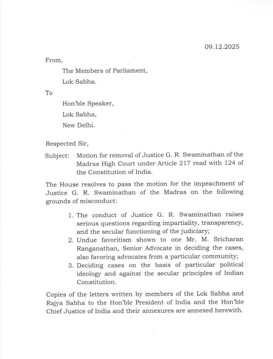 Girishvhp's tweet photo. Targeting Justice Swaminathan with threats of impeachment simply because he upheld the rights of Hindus is not politics it is clear anti-Hindu prejudice.

There is nothing “secular” about this. It is deliberate intimidation of anyone who dares to safeguard the constitutional freedoms of the Hindu community. The reactions from certain quarters reveal their true definition of “freedom”: rights for everyone except Hindus.

When a judge defends Hindu religious liberties under Article 25, the political class responds by demanding his removal. This is a dangerous assault on both judicial independence and equal religious rights.