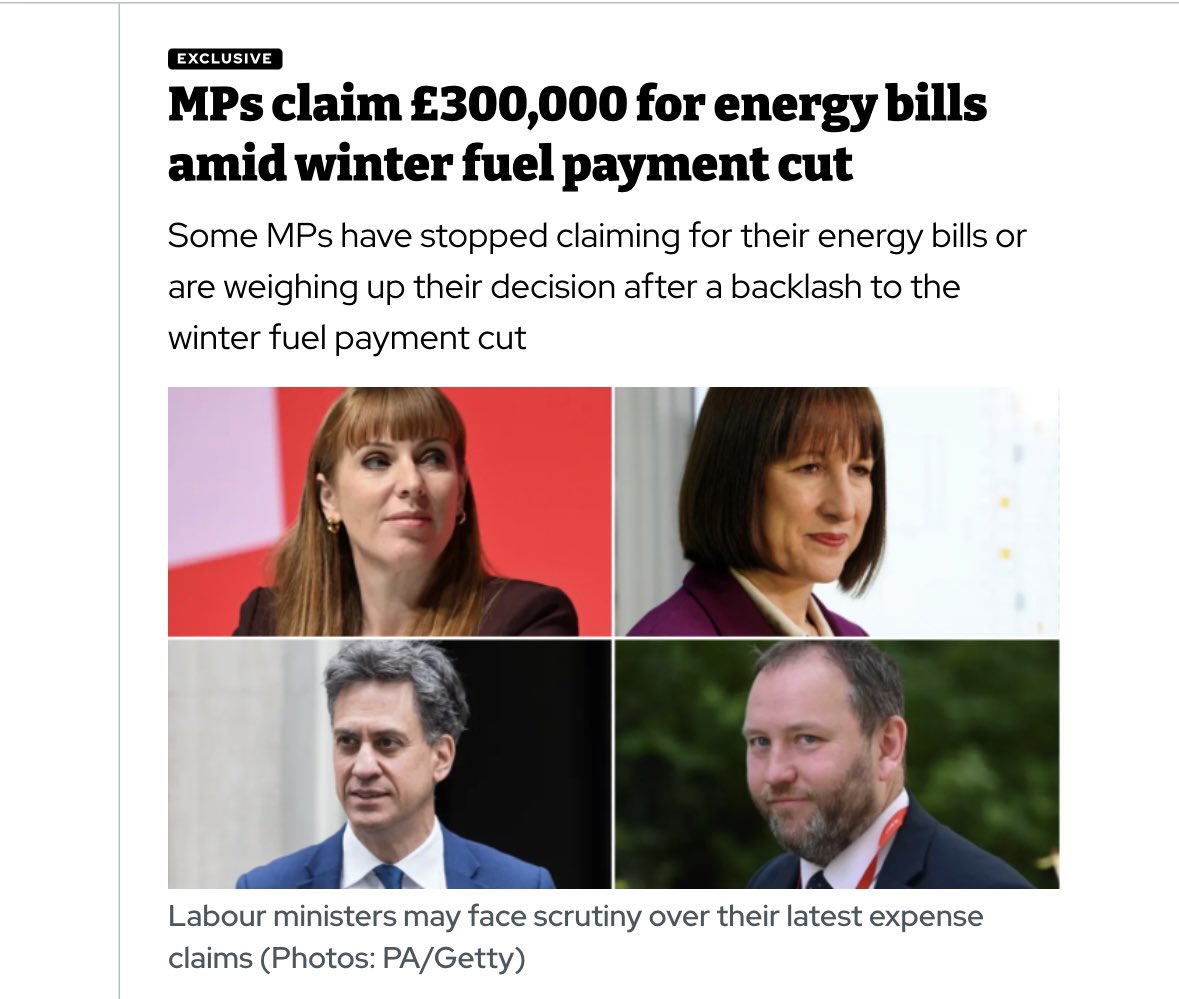While pensioners lose the winter fuel allowance &amp; energy bills continue to rise, MPs claimed £300,000 in taxpayer funded expenses for energy bills in their second homes last year. We are paying the price for our higher energy costs, but paying politicians for their energy costs.