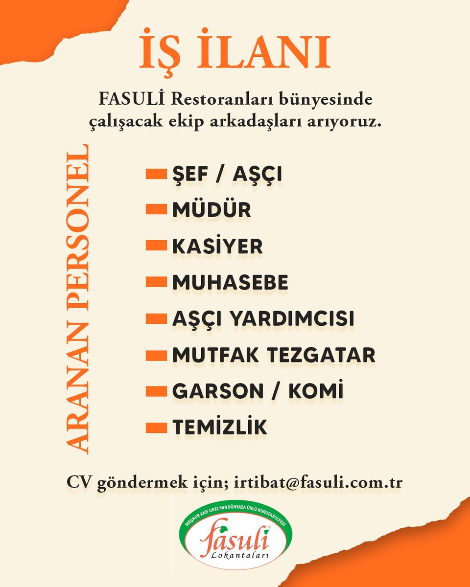 FASULİ restoranları bünyesinde görev almak üzere ekip arkadaşları arıyoruz.

Başvurular yalnızca e-posta ile gönderilen CV’ler üzerinden değerlendirilecektir. Uygun görülen adaylarla iletişime geçilecektir.

📩 Başvuru için: irtibat@fasuli.com.tr