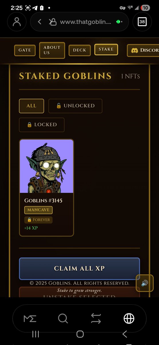 Just staked 1 of my <a href="/thatgoblins/">That Goblins</a> forever and sent him to the Mancave. I have a feeling itll pay off. Also are you even into sol NFT's if you don't forever stake things from time to time? Mancave and singularity for the win.
