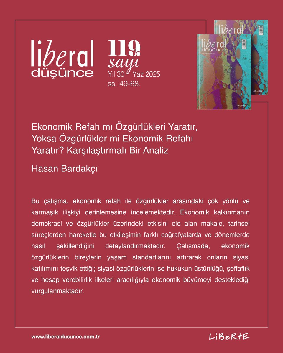 "Ekonomik Refah mı Özgürlükleri Yaratır, Yoksa Özgürlükler mi Ekonomik Refahı Yaratır? Karşılaştırmalı Bir Analiz (2005–2025)", Hasan Bardakçı
Liberal Düşünce, Yıl 30, Sayı 119, Yaz 2025, ss. 49-68.
Makaleye sayfamızdan ulaşabilirsiniz 👇🏻
liberaldusunce.com.tr/ekonomik-refah…