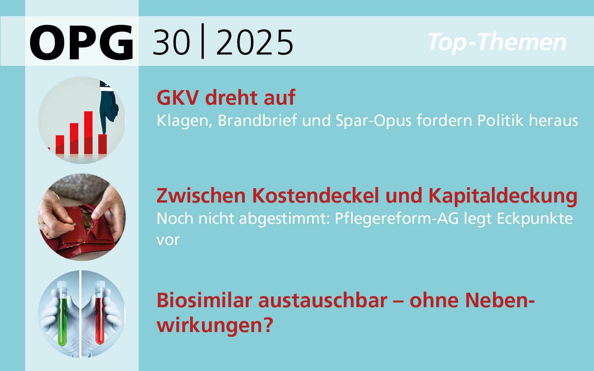 Der neue #OPG ist draußen

🗞️ GKV: Handlungsdruck auf <a href="/ninawarken/">Nina Warken</a> <a href="/BMG_Bund/">Bundesgesundheitsministerium</a> nimmt zu
🗞️ SPV: Reform-Eckpunkte geleakt
🗞️ BMG: 22 Mrd. Euro im Haushalt
🗞️ G-BA: Biosimilar-Austausch erzürnt Industrie

📰 Zur Ausgabe👉 pa-gesundheit.de/opg/opg-online…