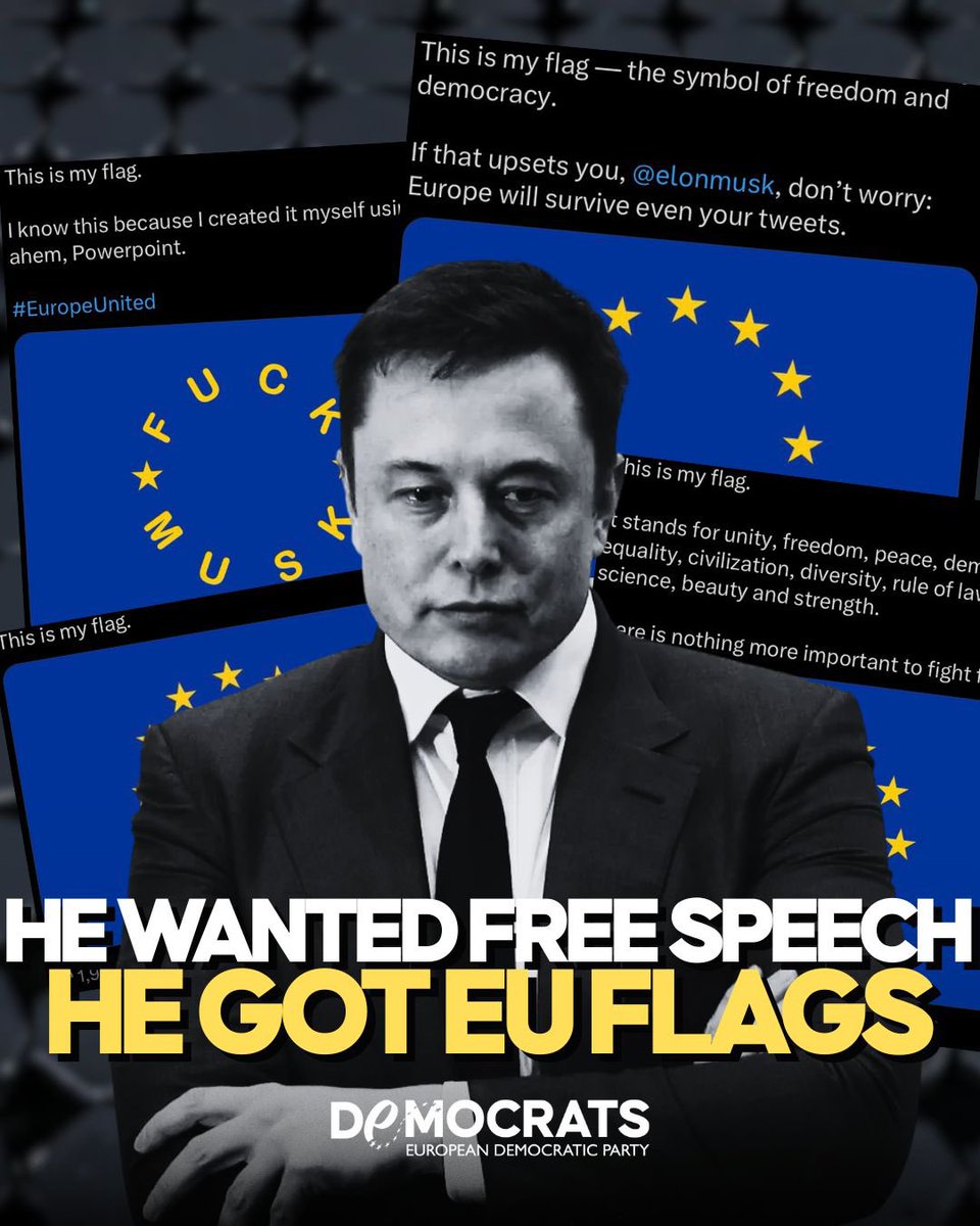 Elon Musk said he wanted free speech. Then he got fined under the EU's Digital Services Act — and answered by calling the European Commission “Nazi”. 
Europeans didn’t yell back. They just quietly filled his timeline with EU flags. 🇪🇺 Thousands of them.
Because in Europe,