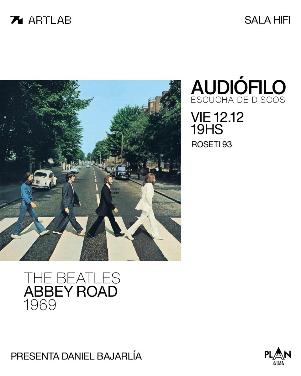 Este viernes 12/12 tengo el honor de presentar la escucha completa y en alta fidelidad de Abbey Road de The Beatles en Artlab. Antes vamos a contar todos los secretos del álbum. Los  espero! Entradas en tickets.artlabpro.net/events/escucha…