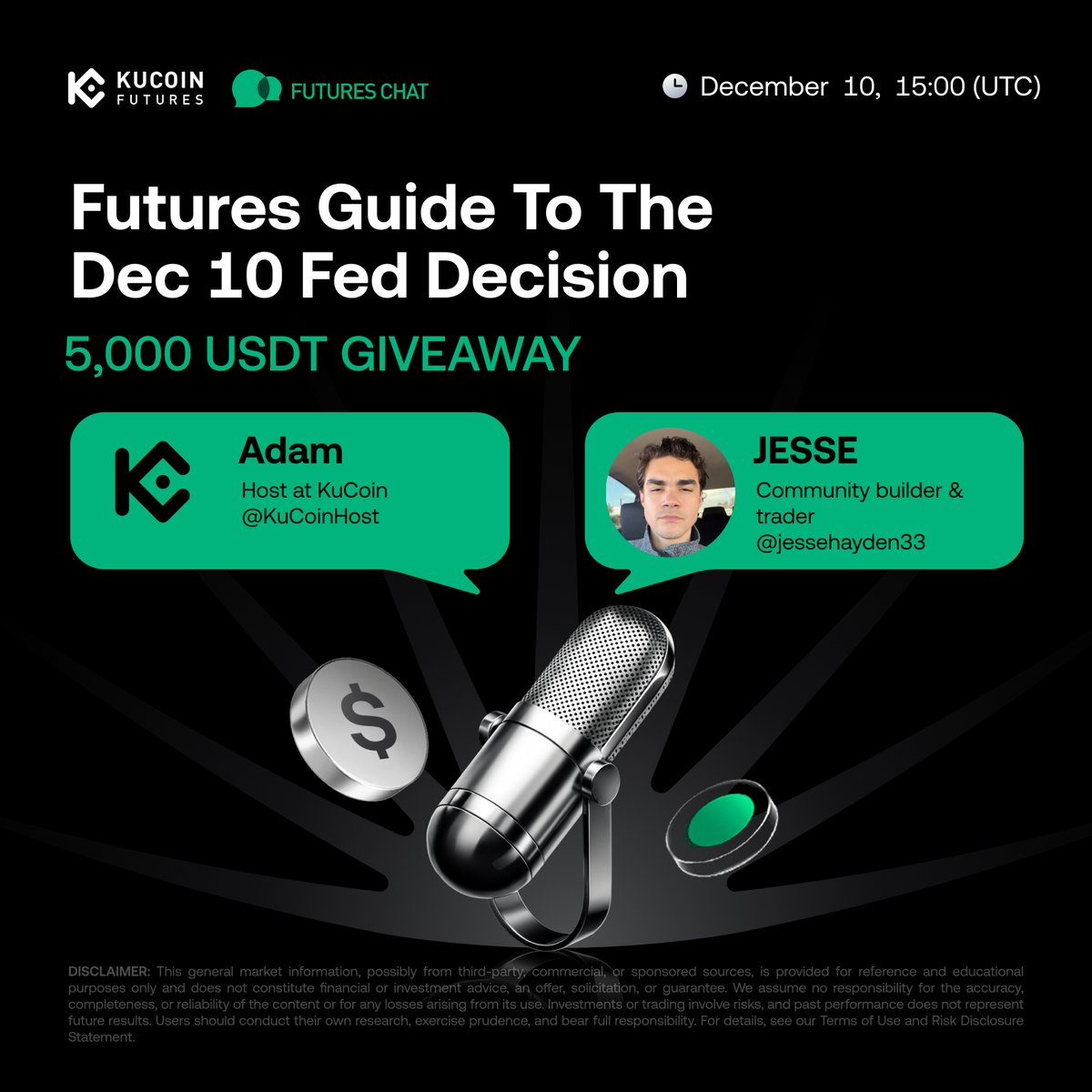 🎙 #KuCoin Futures Chat here  
🗓 Dec 10 | 15:00 (UTC) 
🎁 $5,000 prize pool with exclusive airdrops!
🎁 Claim up to $50 rewards * 100 users!
How to claim:
1️⃣ Follow <a href="/KuCoinFutures/">KuCoin Futures ⚡️</a>. Like, RT &amp; Tag 3 friends
2️⃣ Join @KuCoin_Futures_TG group 👉 t.me/KuCoin_Futures…
3️⃣ Join