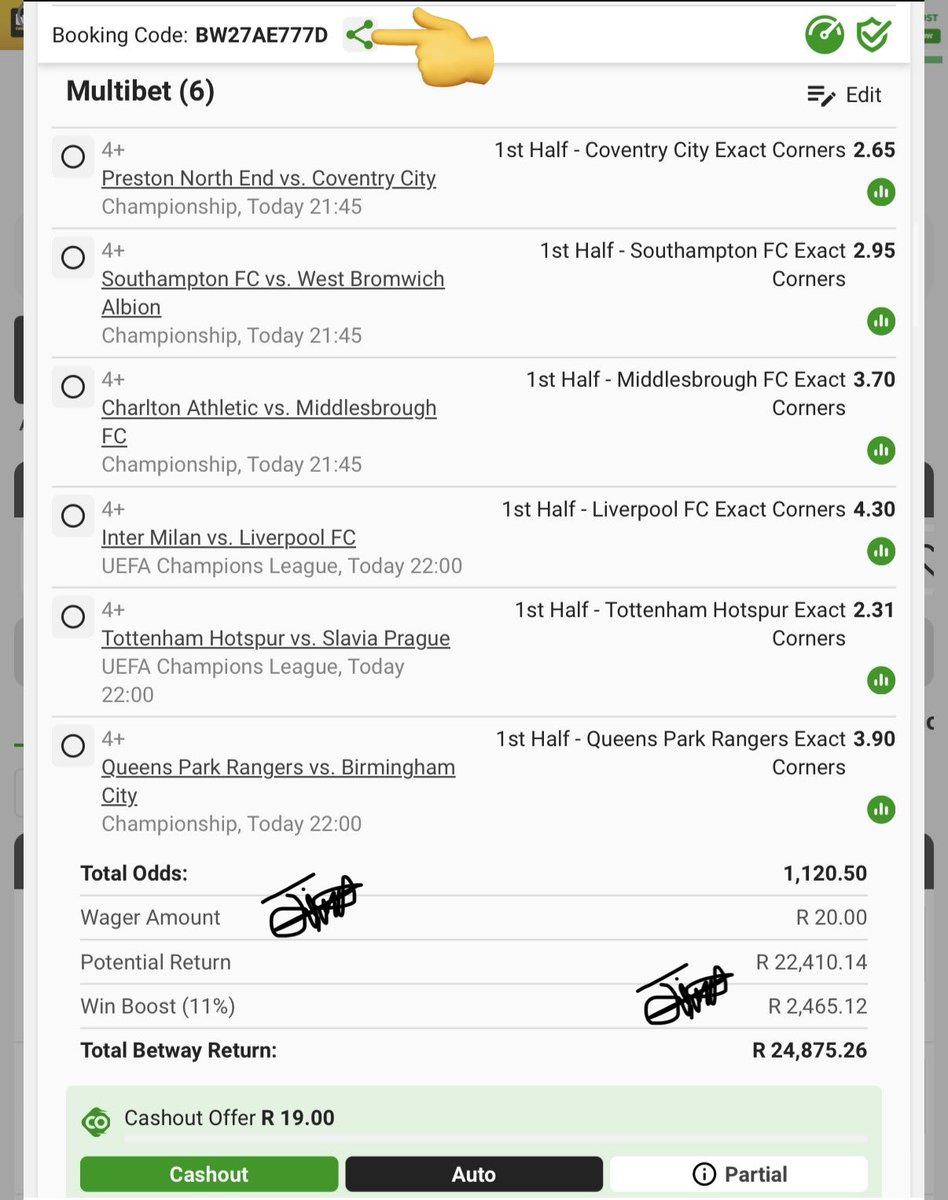99% Boom🤞🏾🤞🏾💥💥💥💥💥

BW27AE777D 
21:45

Link: new.betway.co.za/book-a-bet-res…

Retweet for others💰💰