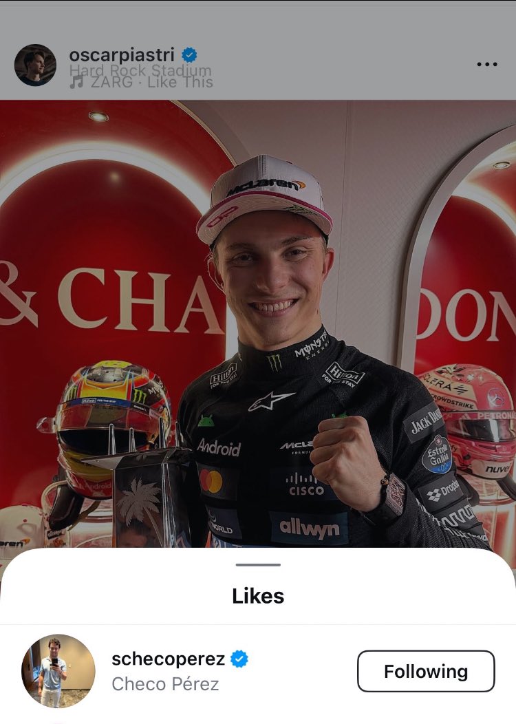 Cynthia110564's tweet photo. @norriistar No hate to lando, but the fact that you asume he was rooting for him just cause he congratulated his win is an overstatement. If anything, given his interactions with the 3 contenders, he was probably rooting for Oscar. Checo liked every single winning post from him this season https://t.co/j44nfEtox5