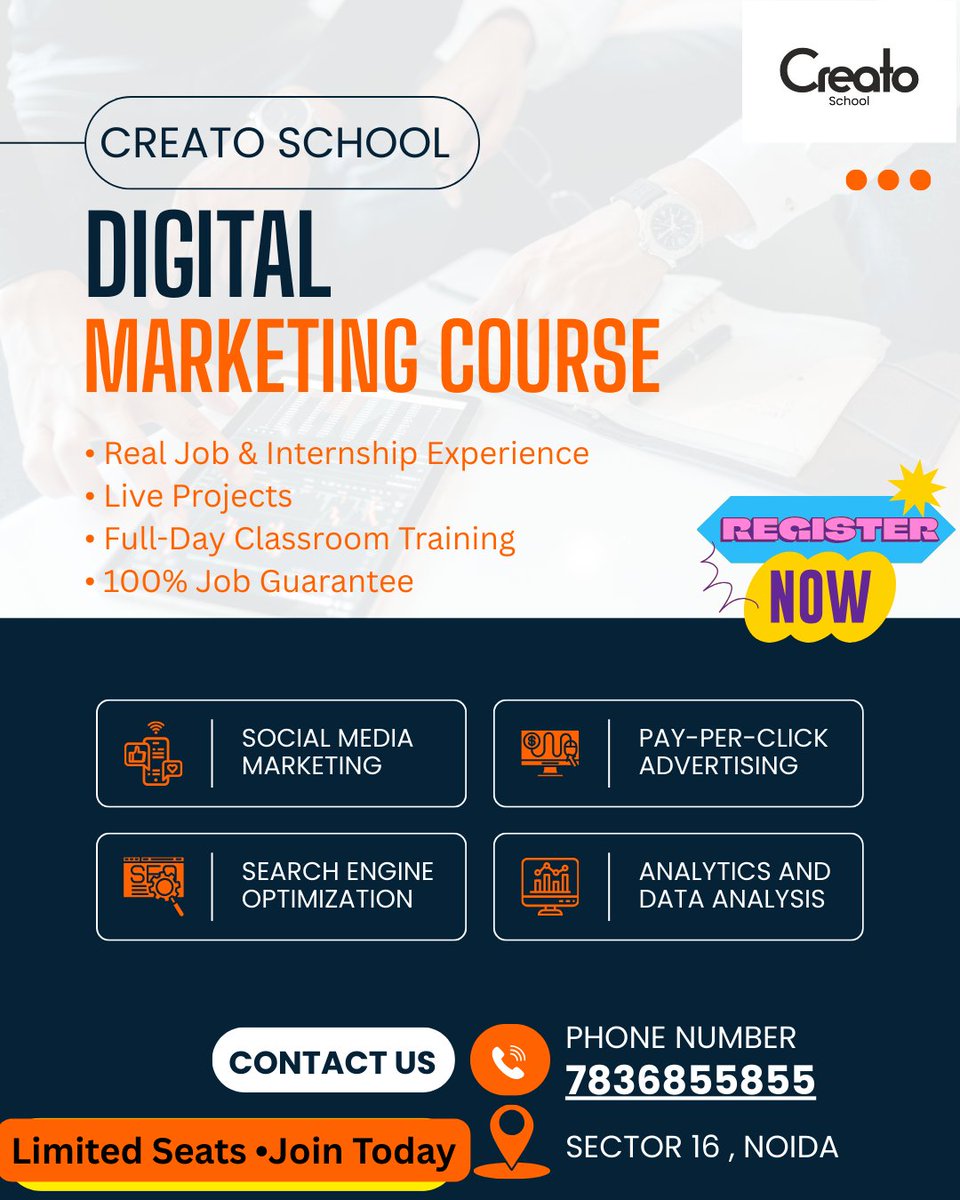 CreatoSchool's tweet image. 🚀 New Digital Marketing Batch at #CreatoSchool #Noida 👉Start your career with real skills, real projects &amp;amp; 100% job guarantee.
✔ Full-Day Classroom
✔ Live Projects
✔ Real Internship Exposure
 
📍 Sector 16
📩 DM to enroll 
#CreatoSchool #DigitalMarketingCourse @