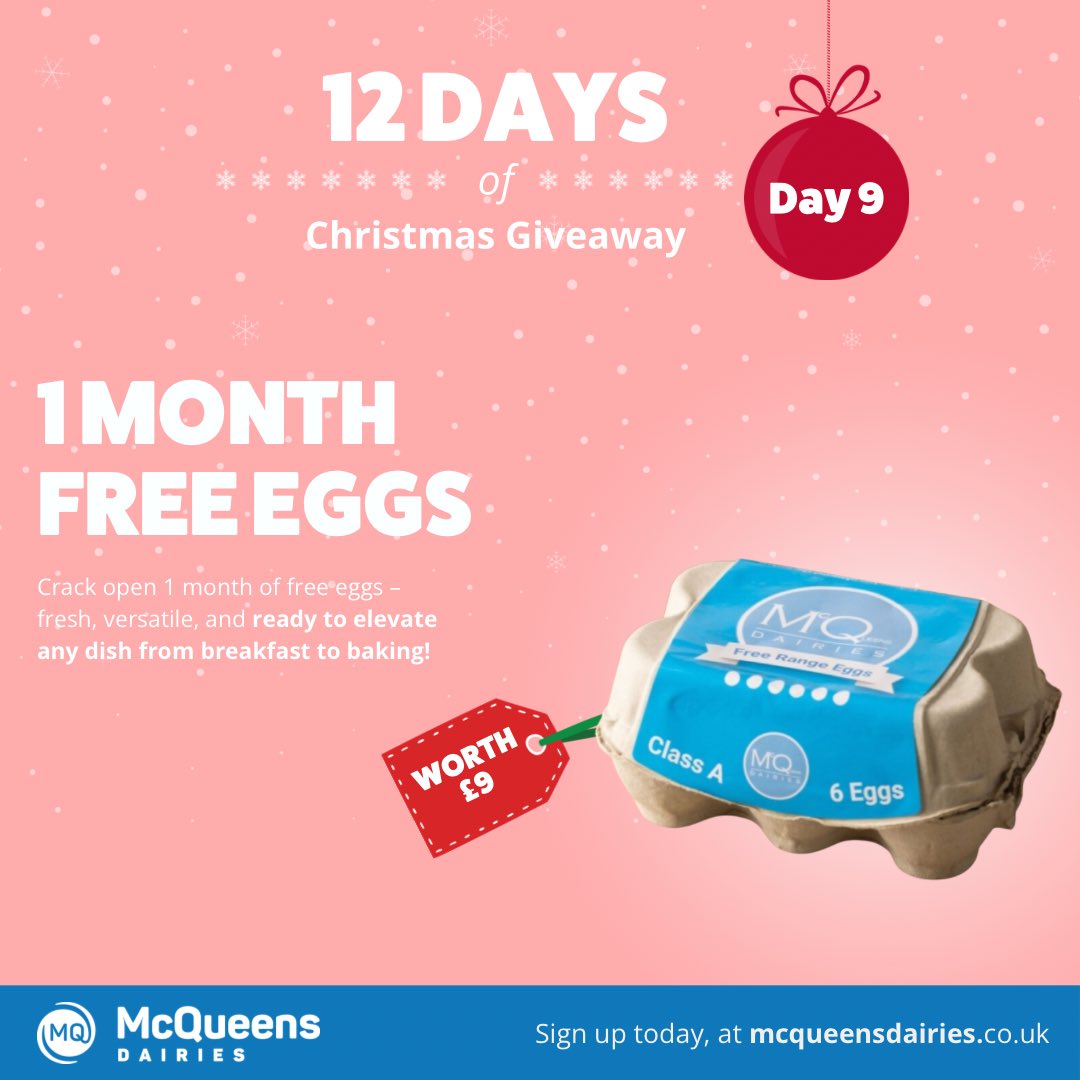 ✨12 days of Christmas competition✨

🎅Day 9 - 1 Month Free Eggs
(To win, your address must be within our delivery areas)

HOW TO ENTER: 
🎁FOLLOW @dairiesmcqueens
🎁LIKE AND RETWEET
🎁TAG A FRIEND

🎉EXTRA ENTRIES are also available on our Facebook and Instagram.