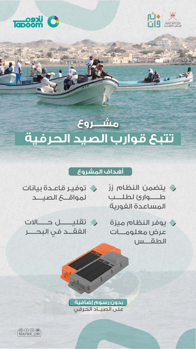 بدون رسوم إضافية على الصياد الحرفي ، مشروع تتبع القوارب الصيد الحرفية يستهدف تركيب ٢٦ ألف جهاز تتبع على القوارب لتعزيز مستوى السلامة والأمن البحري وتقليل حالات الفقد في البحر ، كما يسهم النظام في توفير قاعدة بيانات ديناميكية لمواقع الصيد ووفرة الإنتاج تدعم جهد الصيد.