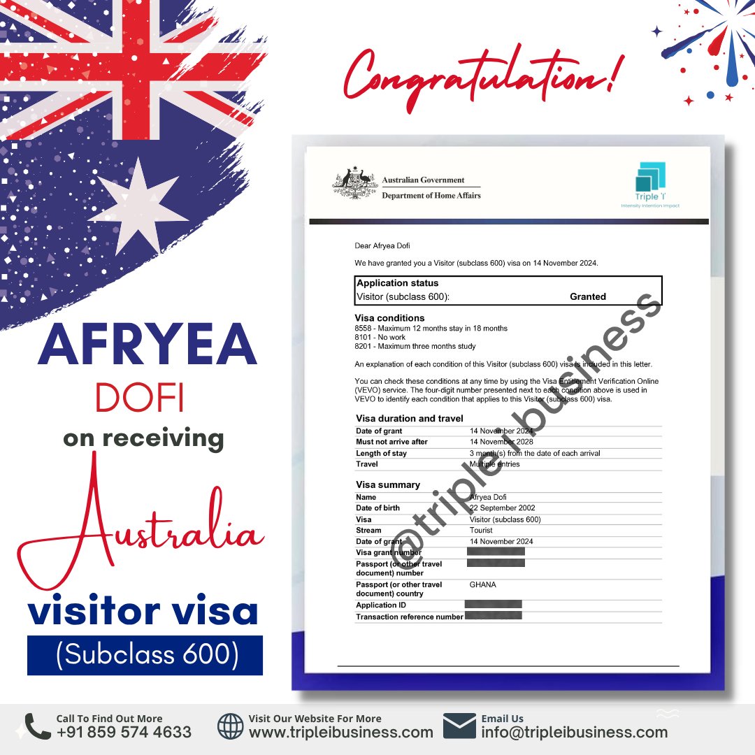 Tripleibusines's tweet image. ✨ Congratulations to Abhijeet Biswas, Afryea-dofi &amp;amp; Chetan Kumar Sahu

on securing their Australia Tourist Visa (Subclass 600)! 🇦🇺✔
Thank you for choosing Triple I Business for your documentation &amp;amp; guidance.

Apply Now: wa.me/918595744633
#AustraliaVisa #Subclass600