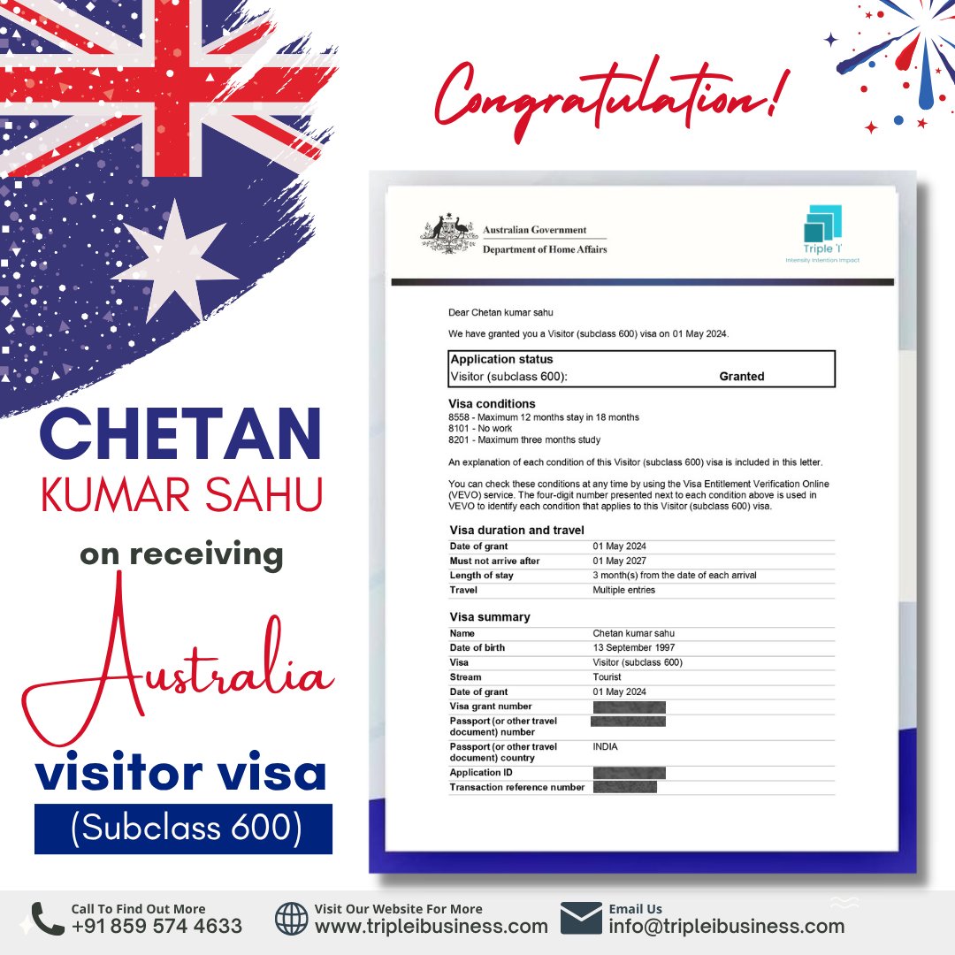 Tripleibusines's tweet image. ✨ Congratulations to Abhijeet Biswas, Afryea-dofi &amp;amp; Chetan Kumar Sahu

on securing their Australia Tourist Visa (Subclass 600)! 🇦🇺✔
Thank you for choosing Triple I Business for your documentation &amp;amp; guidance.

Apply Now: wa.me/918595744633
#AustraliaVisa #Subclass600