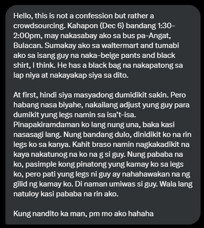 AlterOfan83223's tweet photo. (Dec 6) bandang 1:30-2:00pm, may nakasabay ako sa bus pa-Angat, Bulacan. Sumakay ako sa waltermart and tumabi ako sa isang guy na naka-beige pants and black shirt, I think. He has a black bag na nakapatong sa lap niya at nakayakap siya sa dito.
#BusFun #MissedConnection https://t.co/gHjy2N2sjj
