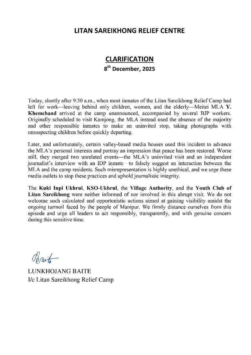 However, the Kuki CSOs, including the  Kuki Inpi Ukhrul, label MLA Y. Khemchand's visit to Litan Sareikhong Relief camp as uninvited and unauthorised.
<a href="/LokBhavManipur/">LOK BHAVAN, MANIPUR</a> <a href="/MIB_India/">Ministry of Information and Broadcasting</a> <a href="/HMOIndia/">गृहमंत्री कार्यालय, HMO India</a> <a href="/PMOIndia/">PMO India</a> <a href="/ANI/">ANI</a> <a href="/PTI_News/">Press Trust of India</a> <a href="/ndtv/">NDTV</a> <a href="/IndiaTodayNE/">India Today NE</a> <a href="/power_corridors/">POWER CORRIDORS</a> <a href="/the_hindu/">The Hindu</a> <a href="/thewire_in/">The Wire</a>